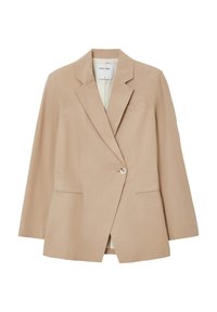 Beiger Blazer mit einem einzelnen Knopfverschluss, mit reverskragen und zwei vorderen Taschen. Hergestellt aus einem glatten, leichten Stoff.