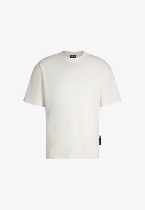 T-shirt bianco a maniche corte in cotone. Presenta un collo rotondo e un'etichetta laterale con un branding minimale. Tessuto liscio, vestibilità regolare.