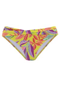 Gelber Bikini-Unterteil mit lebhaften Blattmustern in Pink und Lila, mit gerafftem Taillenbund und glatter Textur.