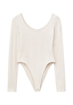 Long-sleeve bodysuit in soft beige fabric, featuring a rounded neckline, fitted shape, and snap closure at the bottom.