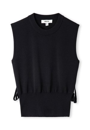 Top negro sin mangas hecho de tejido de punto, con escote redondo, cuerpo entallado y lazos laterales ajustables para un ajuste personalizable.