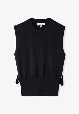 Schwarzes, ärmelloses Top aus gestricktem Stoff, mit rundem Ausschnitt, figurbetontem Oberteil und verstellbaren Seitenschnüren für eine anpassbare Passform.
