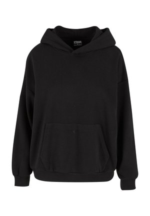 Must mustar, pehmeast kangast, kapuutsiga, reguleeritava nööriga, esitasku ja soonikkoes varrukad ja ääred. Lihtne, lõdva lõikega disain.