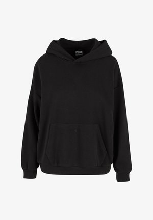 Felpa nera in tessuto morbido, con cappuccio regolabile, tasca a marsupio frontale e polsini e orlo a costine. Design semplice e vestibilità ampia.