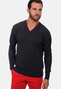 Pull en V charbon à manches longues, avec des poignets et un ourlet côtelés, associé à un pantalon rouge. Texture tricotée, coupe classique.
