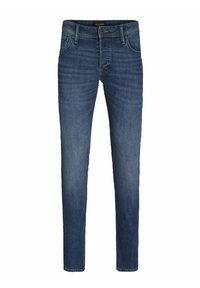 Férfi slim-fit kék farmernadrág öt zsebbel és gombos záródással, finom kopottas és whiskering részletekkel.