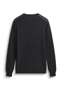 Zwarte gebreide trui met ribbelstof, ronde halslijn en contrasterende schouderdetails. Lange mouwen en aansluitende manchetten maken het ontwerp compleet.