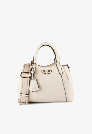 Bolso de cuero color crema con asas superiores, correa de hombro de tela beige desmontable y logo dorado "LIU JO MILANO" en el frente.
