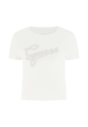 Weißes T-Shirt mit kurzen Ärmeln aus geripptem Stoff, mit silbernen Strassstein-Logo-Details auf der Vorderseite und Rundhalsausschnitt.