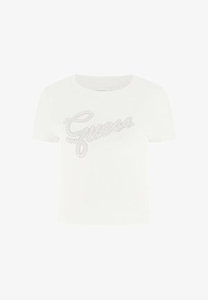 Hvid T-shirt med korte ærmer lavet af ribstrikket stof, med sølvfarvede rhinsten-logo detaljer på fronten og rund halsudskæring.