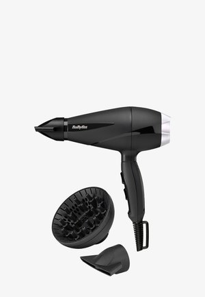 Sèche-cheveux noir BaByliss avec diffuseur et embouts concentrateurs sur fond blanc.