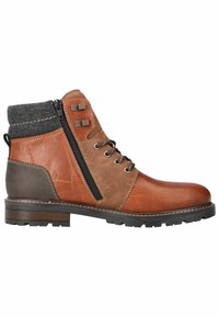 Brown leather ankle boot with gray textile cuff, side zipper, five eyelets, and rubber sole. Textured upper with contrasting colors and stitching.