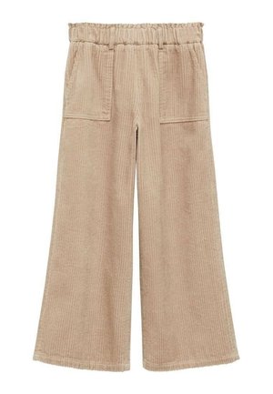 Pantalon beige en velours côtelé à jambes larges avec taille élastique et grandes poches plaquées devant, conçu pour un usage décontracté.