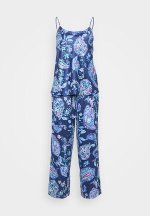 Conjunto de pijama em padrão azul-marinho, apresentando uma blusa sem mangas com um design evasê e calças correspondentes, ambos adornados com motivos paisley coloridos.