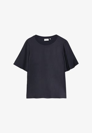 Schwarze Kurzarmbluse mit rundem Ausschnitt, leicht ausgestellten Ärmeln und glatter Textur, Innenkragen mit dem Etikett "Comma".