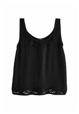Schwarzes ärmelloses Top aus leichtem Stoff, mit rundem Halsausschnitt und kunstvollen Spitzeverzierungen am Saum und Halsausschnitt.