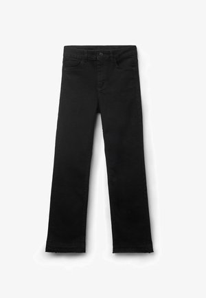 Black denim jeans with a straight leg design, button closure, five pockets, and frayed hem detail at the ankles. Soft texture.