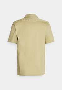 Lyhythihainen paita vaaleasta beigeistä kankaasta, jossa on klassinen avokollareita ja suora helma. Sileä rakenne; ei näkyviä kuvioita tai korostuksia.