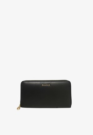 Black leather wallet with textured surface, gold logo "BIASIA" on the front, zip closure, rectangular shape, and minimalist design.