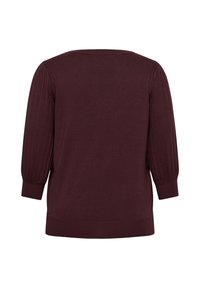 Pull en maille bordeaux foncé avec manches trois-quarts côtelées et poignets côtelés, vu de dos.