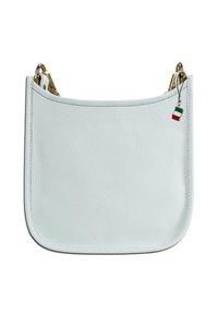 White leather shoulder bag with a rounded top, gold hardware, and a small Italian flag charm. Smooth texture and minimalistic design.