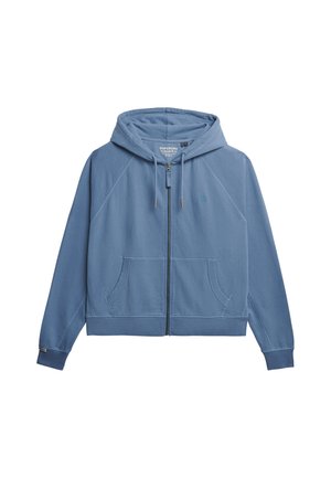 Niebieska rozpinana bluza z miękkiego materiału, z kapturem na sznurki, dwiema przednimi kieszeniami i ściągaczami przy mankietach. Minimalne logo na klatce piersiowej.