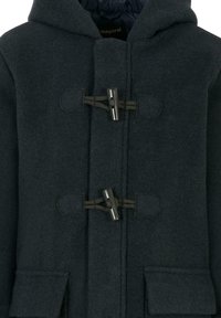 Cappotto duffle in lana scura con cappuccio, dotato di chiusure a toggle e tessuto strutturato. Include tasche laterali e fodera interna trapuntata.