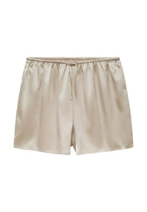 Pantaloni scurți bej din satin, cu talie elastică și șnur, textură netedă, croială lejeră și lungime scurtă.