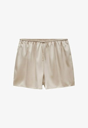 Pantaloni scurți bej din satin, cu talie elastică și șnur, textură netedă, croială lejeră și lungime scurtă.