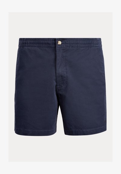 Marinblå shorts i lättviktstyg med knappstängning, resår i midjan och en enkel, strömlinjeformad design.