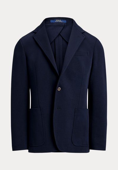 Navy blue single-breasted blazer with notch lapels, two front patch pockets, one button closure, and a chest welt pocket.