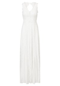 Robe en dentelle blanche avec un design sans manches, un décolleté en V profond et un dos nu. Présente des motifs de dentelle intriqués et une jupe fluide.