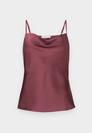 Ermeløs satengkamisole i dyp mauve med justerbare spaghetti-stropper og drapert halslinning.