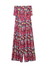 Colorful floral jumpsuit featuring a pink base with turquoise, yellow, and white patterns. Soft fabric with a relaxed, wide-leg design.