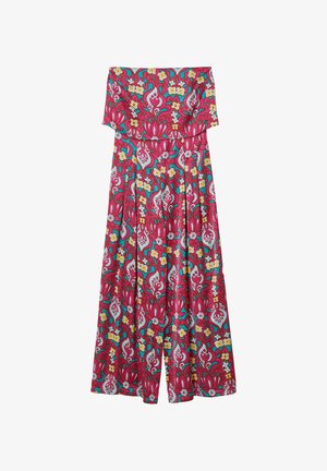 Bunter Blumen-Jumpsuit mit einer rosa Basis und turquoise, gelben und weißen Mustern. Weicher Stoff mit einem lässigen, weit geschnittenen Design.