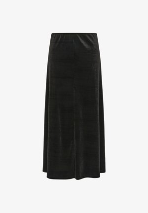 Zwarte fluwelen lange rok met een elastische tailleband en een rechte, licht uitlopende snit.