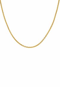 Collar de cadena de oro que presenta eslabones entrelazados, un acabado suave y un brillo reflejado uniforme. Mide aproximadamente 45 cm de longitud.