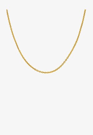 Collar de cadena de oro que presenta eslabones entrelazados, un acabado suave y un brillo reflejado uniforme. Mide aproximadamente 45 cm de longitud.