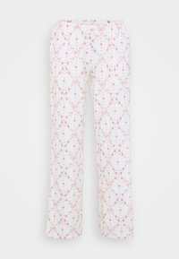 Biele pyžamové nohavice s kvetinovým vzorom v ružovej a zelenej farbe, so stuhami a elastickým pásom. Rovný strih nohavíc, mäkká textúra látky.