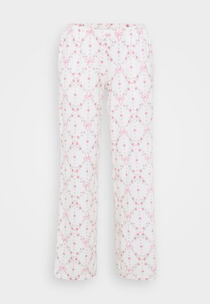 Άσπρο παντελόνι πιτζάμας με λουλουδάτο μοτίβο σε ρόζ και πράσινο, με φιόγκους και ελαστική μέση. Σχεδίαση με ίσια μπατζάκια, απαλό υφασμάτινο υλικό.