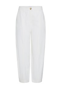 Pantalon blanc taille haute, ajusté, avec plis avant, poches latérales, passants pour ceinture, fermeture par un bouton unique et une fermeture éclair.