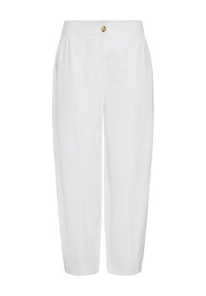 Pantalon blanc taille haute, ajusté, avec plis avant, poches latérales, passants pour ceinture, fermeture par un bouton unique et une fermeture éclair.
