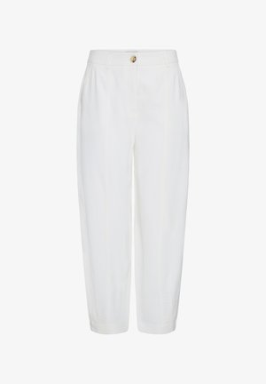 Pantalon blanc taille haute, ajusté, avec plis avant, poches latérales, passants pour ceinture, fermeture par un bouton unique et une fermeture éclair.