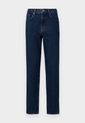 Dark blue denim jeans with a straight leg design, featuring a waistband with an elastic section, front pockets, and minimal stitching details.