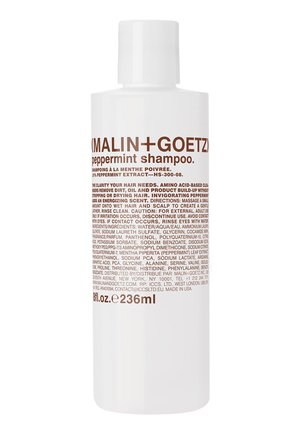 Malin+Goetz Pfefferminz-Shampoflasche, weiß mit braunem Text, 236 ml, mit Produktdetails, Inhaltsstoffen und Gebrauchsanweisung.