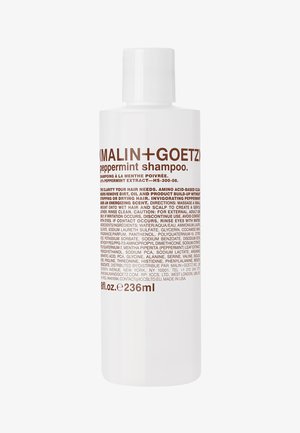 Malin+Goetz Pfefferminz-Shampoflasche, weiß mit braunem Text, 236 ml, mit Produktdetails, Inhaltsstoffen und Gebrauchsanweisung.