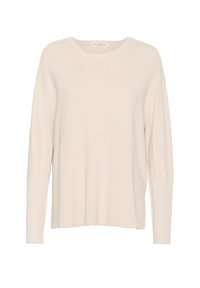 Cremefarbener, gerippter Strickpullover mit Rundhalsausschnitt, oversized Passform und langen Ärmeln. Einfaches Design ohne sichtbare Akzente oder Muster.