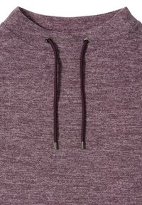 Sweter w melanżowym odcieniu mauve, z wysokim kołnierzem, sznurkiem z metalowymi końcówkami oraz miękką, teksturowaną powierzchnią.