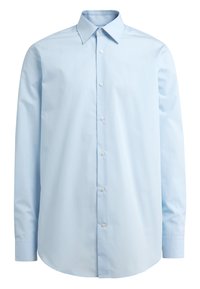 Helleblaue Langarmshirt aus Baumwollmischung mit einem Button-Down-Kragen und einer Knopfleiste mit weißen Knöpfen. Glatte Textur.