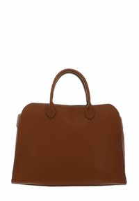 Sac à main en cuir marron avec une finition texturée, un dessus arrondi et deux poignées courtes, conçu avec une forme structurée et rectangulaire.